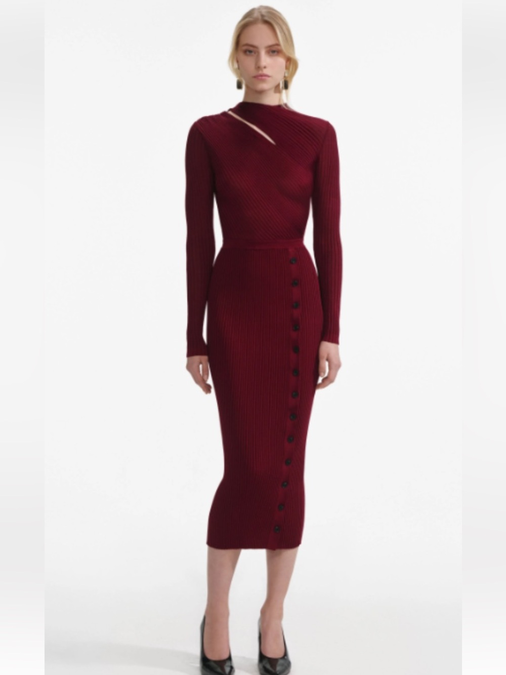 Self-Portrait Burgundy Cut Out Rib Knit Midi Dress Sz S D31
